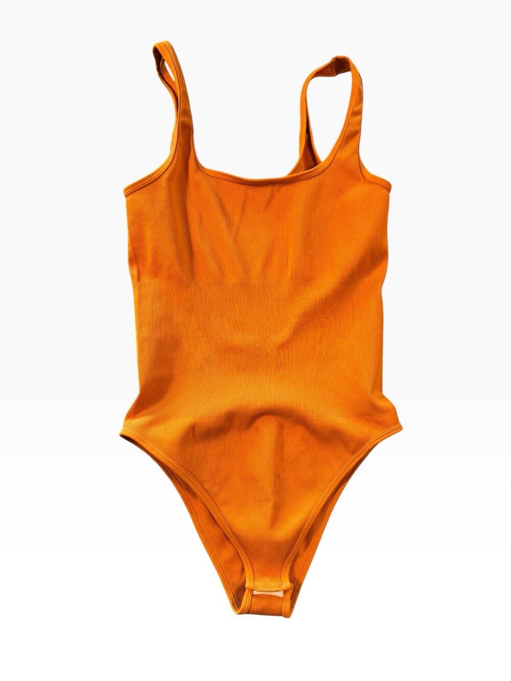 Women’s Orange Ribbed Bodysuit Size Large Square Neck Sleeveless Stretch Snap
